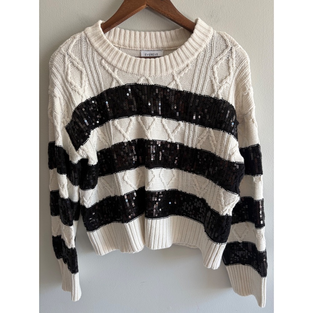 Evereve Black Cream Striped Open Knit Sweater Size M